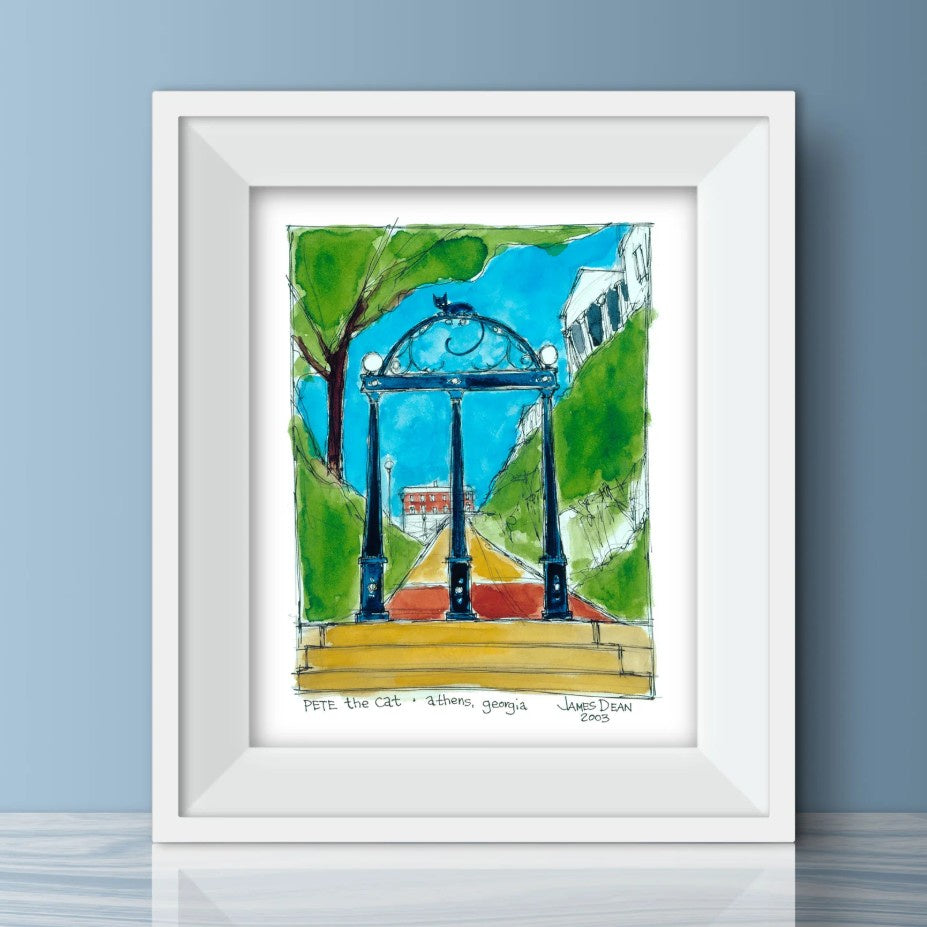 Artwork of a metal archway with three columns and a blue cat sitting on top