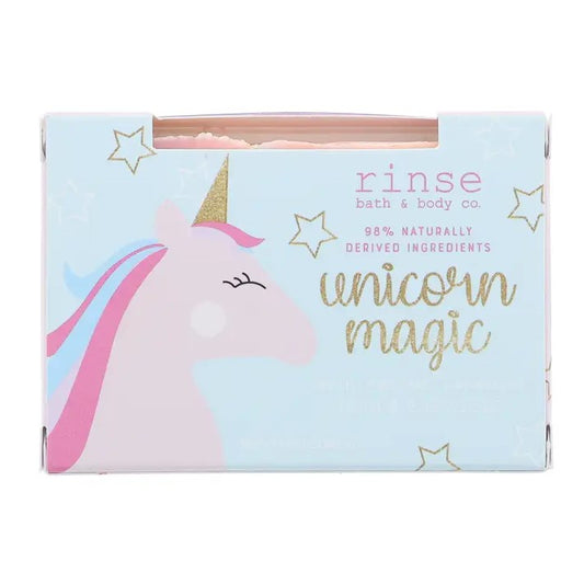 Pink bar soap with unicorn and star-patterned packaging 