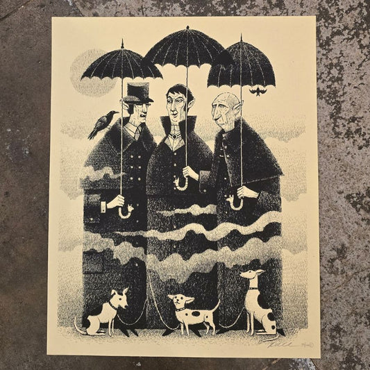 A vintage-style art print of three vampires holding umbrellas and wearing long black coats. At their feet are three small dogs on leashes