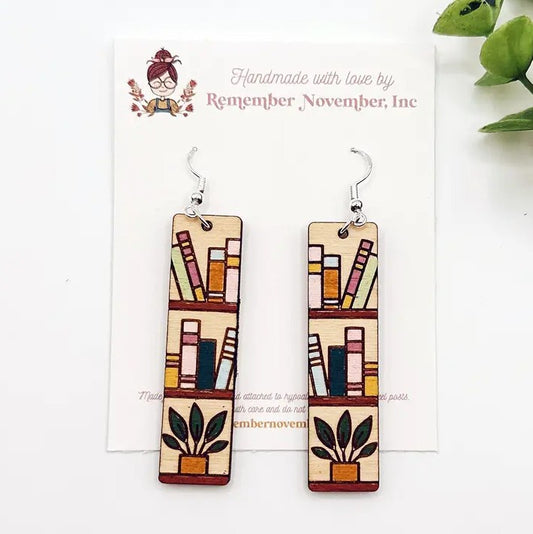 Wooden earrings with a colorful bookshelf design