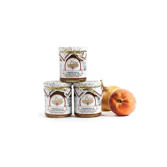Three glass jars of Vidalia Onion and Georgia Peach salsa