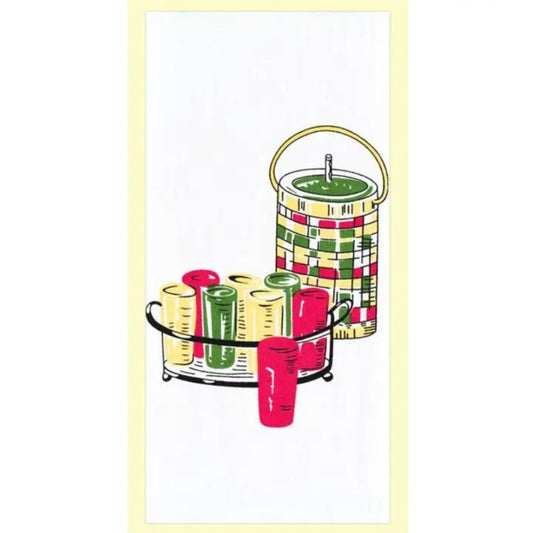 White tea towel with a red, green and yellow illustration of a vintage water cooler next to several glasses