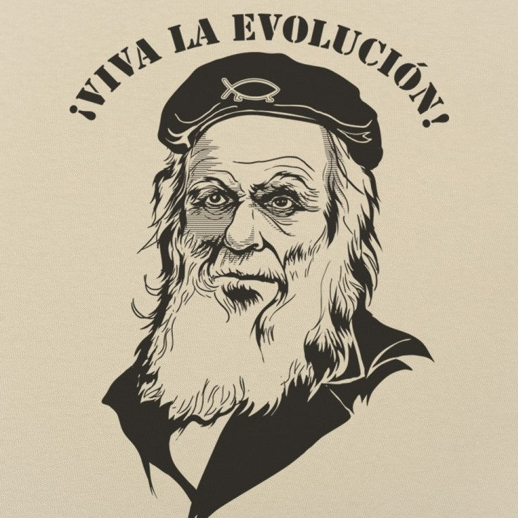 Graphic of Charles Darwin with the caption "¡Viva la Evolución!"