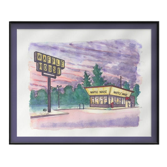 Watercolor art print depicting a Waffle House restaurant under a pale pink and blue sky