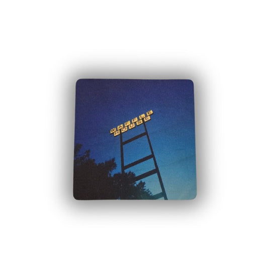 Square coaster featuring a photographed image of a Waffle House sign