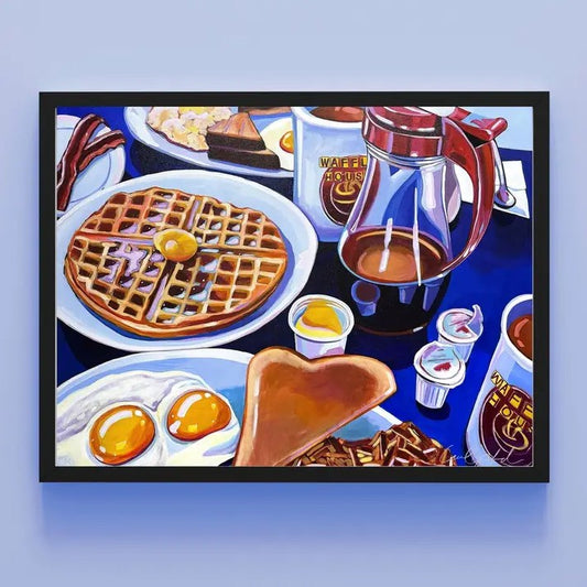 Framed artwork of a Waffle House breakfast