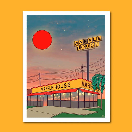 8x10 print of a waffle house restaurant in front of a sunset and a red sun