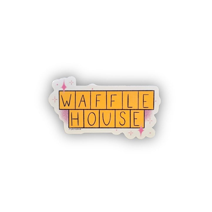 Sticker depicting a yellow Waffle House sign with pink sparkles around it