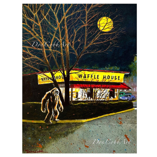 Watercolor art print depicting Bigfoot creeping around back of a Waffle House restaurant