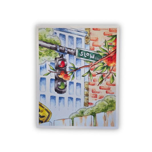 Colorful watercolor illustration of a stoplight and a sign that reads "slow"