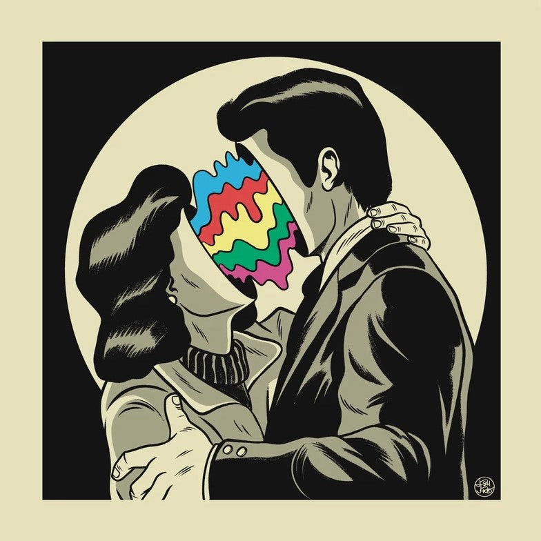 A couple in black in white facing each other and their faces turn into rainbow waves connecting each other