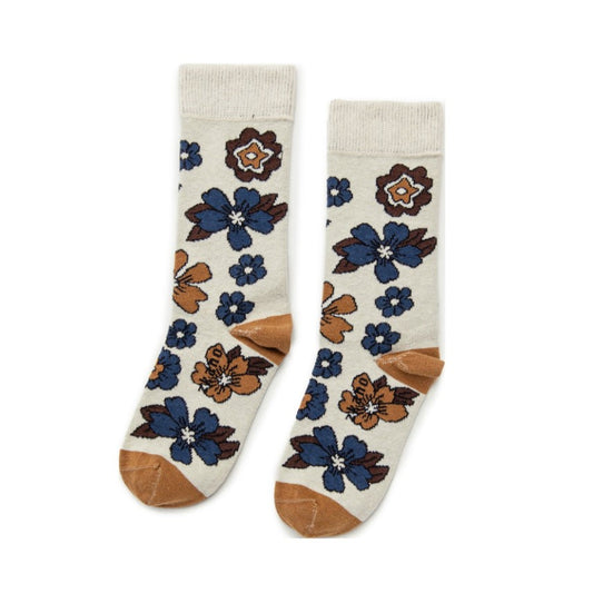 tan and navy flower socks