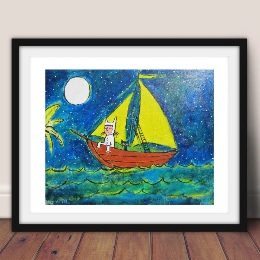 Art print of a boy dressed in a white monster costume sailing with a blue cat in front of a starry sky