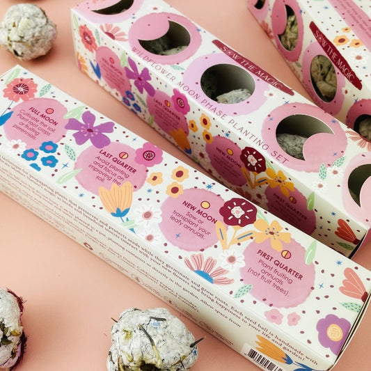 Set of five wildflower seed bombs in decorative pink packaging featuring flowers and moons