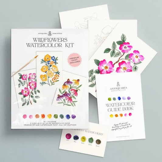Wildflowers Watercolor Kit with watercolor paper, paint, and guidebook on a gray background