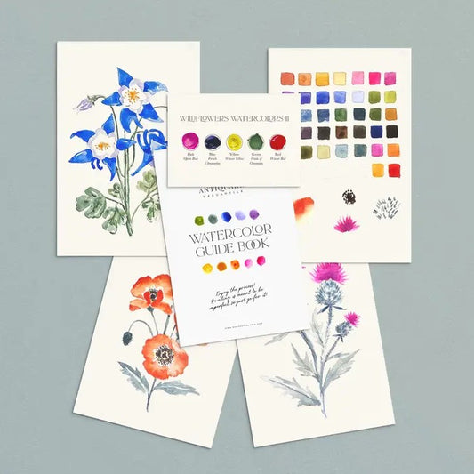 Set of watercolor cards with floral designs and a color swatch on a gray background