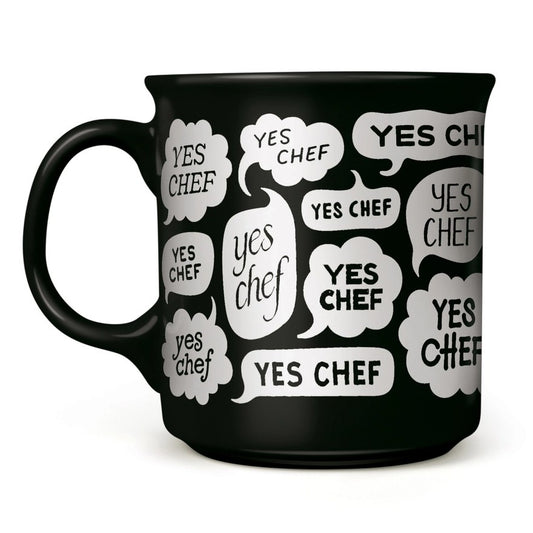 Black mug with 'YES CHEF' text in speech bubbles on a white background