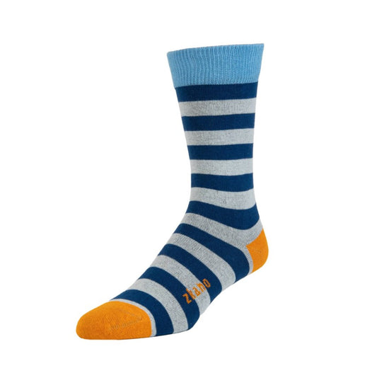 Blue and gray striped sock with orange toes and heels on a white background