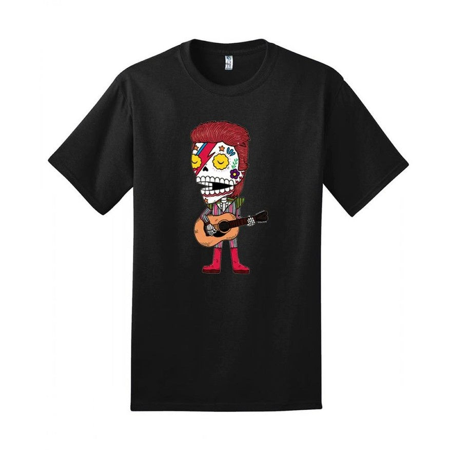 Black t-shirt with a colorful graphic of a calavera dressed like David Bowie playing the guitar