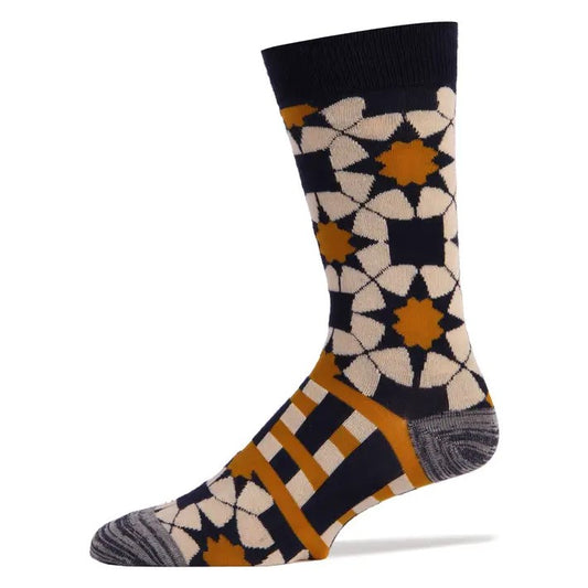 Men's calf socks with a geometric orange, white and navy pattern.