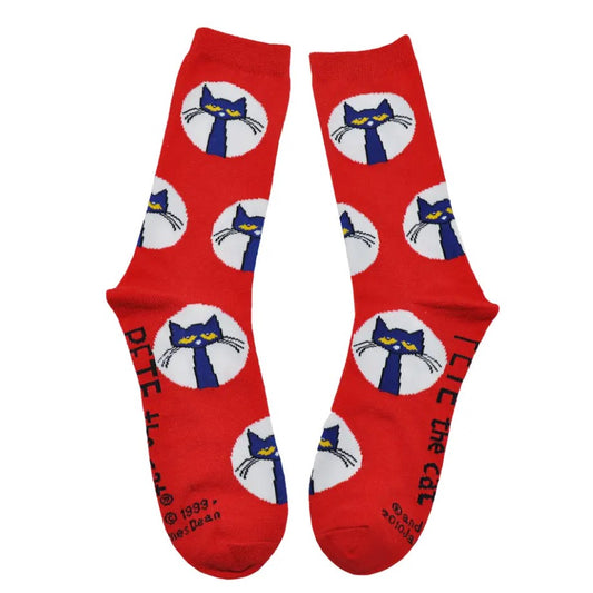 A pair of Pete the Cat Adult Crew Socks in Red
