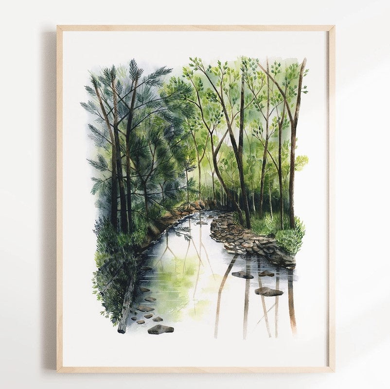 Art print of a creek with the trees reflected