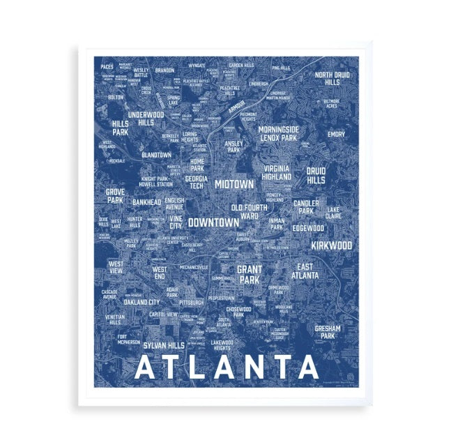 blue map art print of atlanta with all the neighborhoods