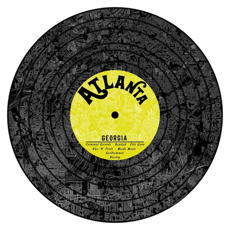 record art print with Atlanta record shops listed on the record