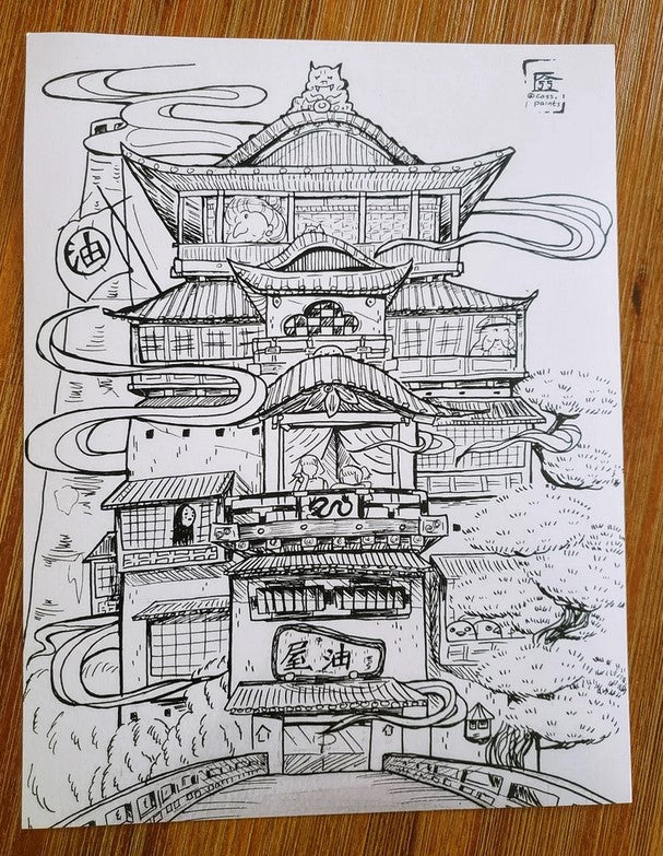 Black and white Studio Ghibli print of tea house