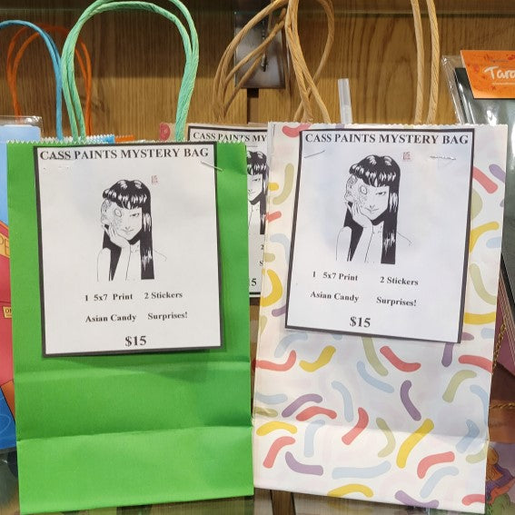 Two mystery bags in colored paper bags featuring artwork by cass paints art