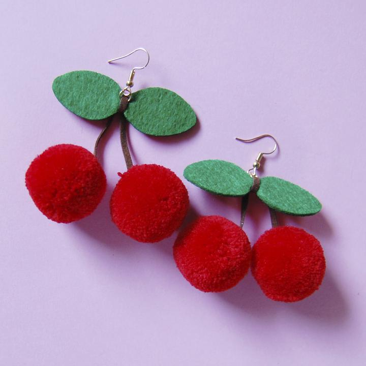 cherry pom pom earrings with felt leaves