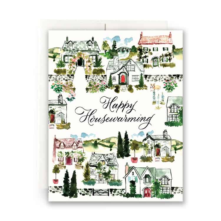 Happy housewarming with various watercolor houses on card