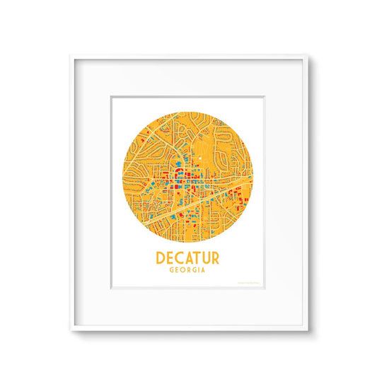 art print featuring a map of decatur georgia in yellow