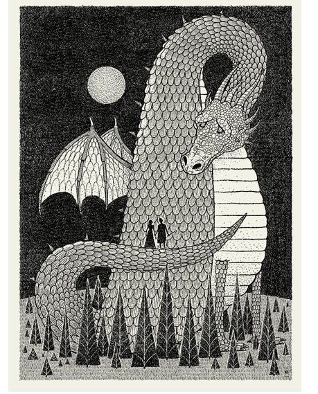 Black and White Screenprint of Dragon with wings looking at a couple standing on its tail