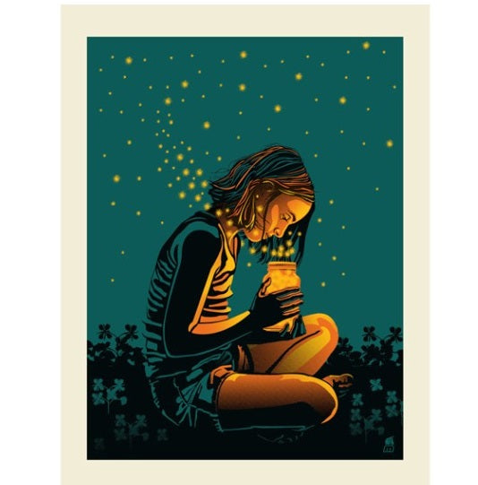 Young girl holding a jar of fireflies Art Print