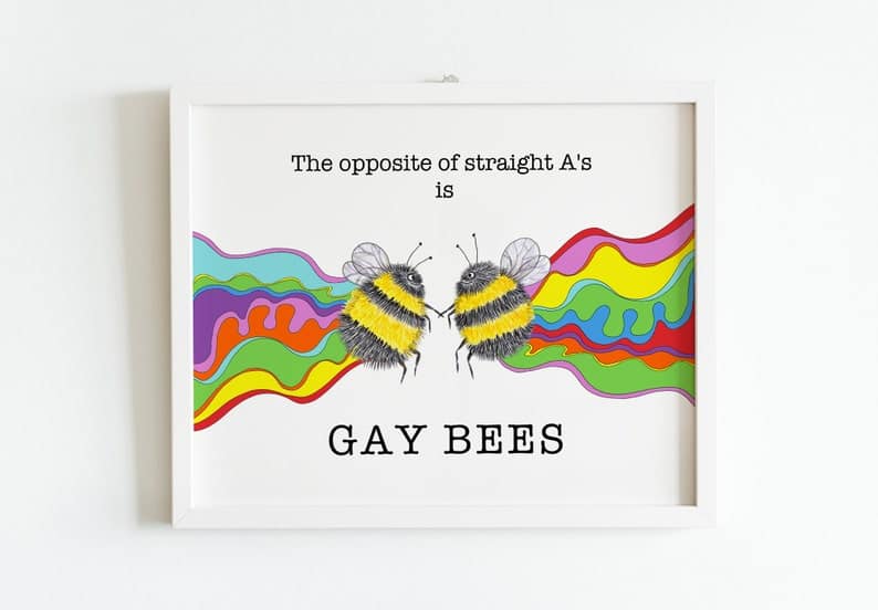 two bees holding hands with rainbows shooting out their butt