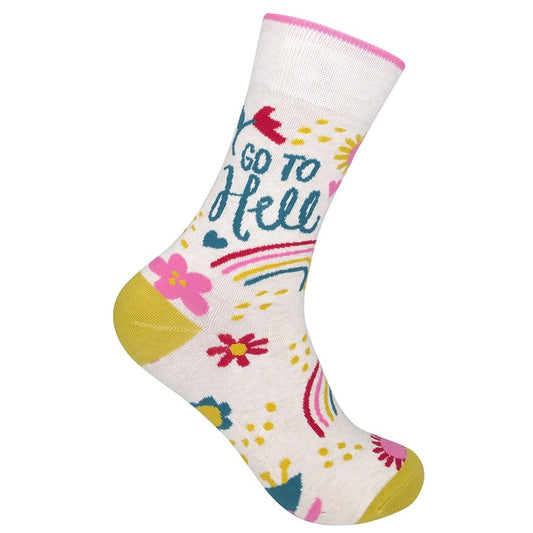Adult socks with flowers and rainbows that have the quote "Go to Hell"