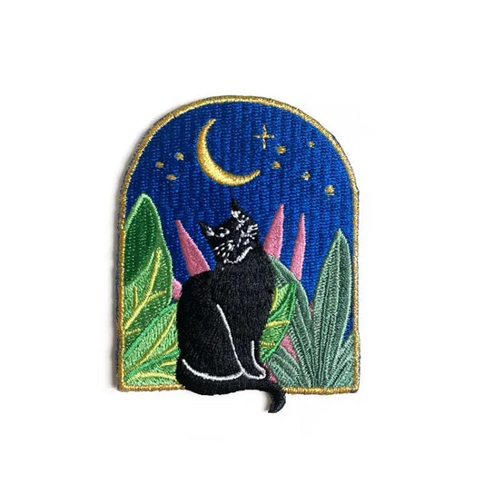 Cat Patch with Moon and Stars and Plants in the background