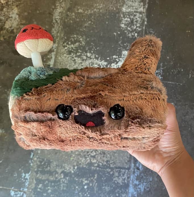 handmade plush log with a face and a mushroom on top