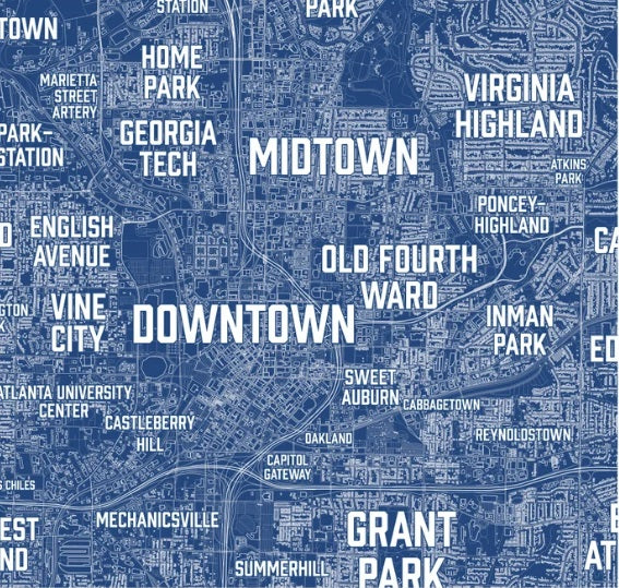 close up view of a map of home atlanta map print
