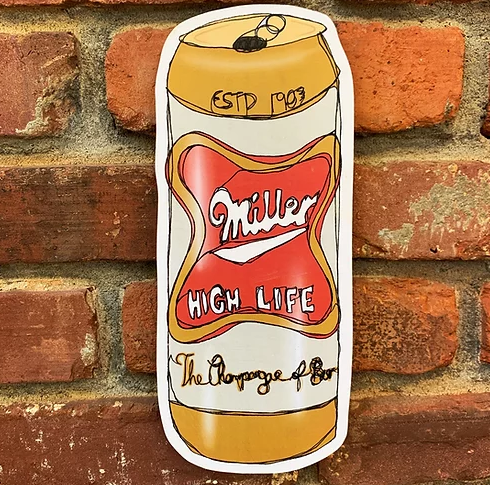 Miller High Life can drawn onto wood hanging on brick wall