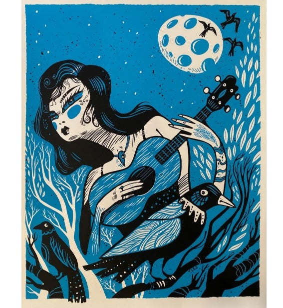 orgininal artwork by Tim lee featuring a woman holding a guitar under moonlight