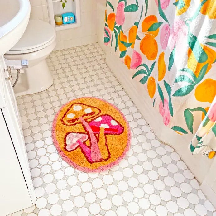 Mushroom Rug against a bathroom floor tile