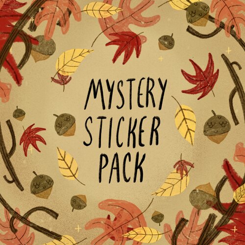 Mystery Sticker pack text with leaves and acorns surrounding