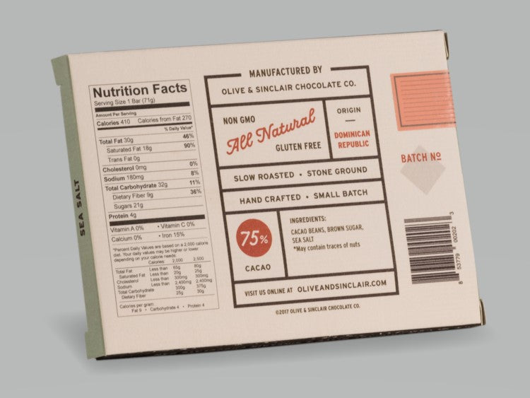 back of chocolate bar listing ingredients and nutritional info