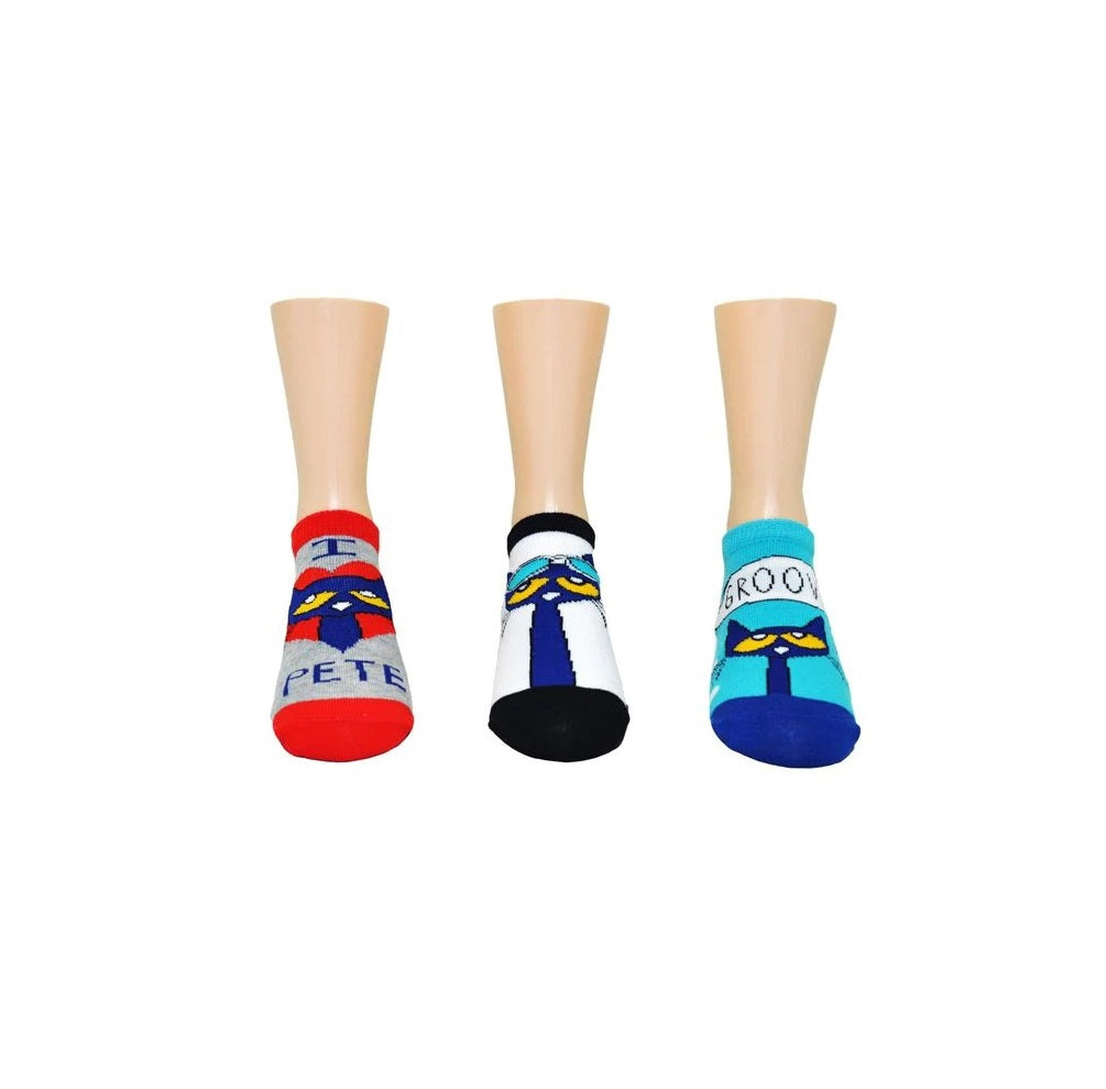 Manequin feet showing three versions of pete the cat socks