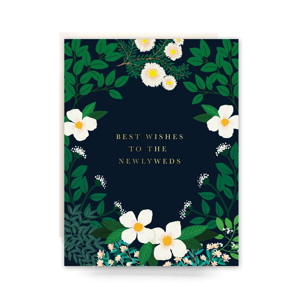Floral Card with gold foil text "best wishes to the newlyweds"