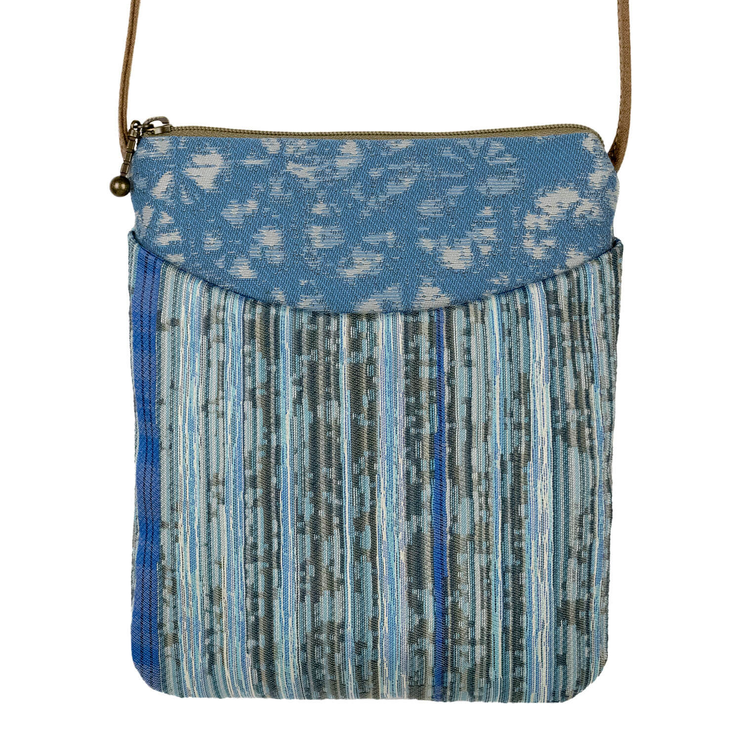 Small crossbody bag with two different blue fabric patterns