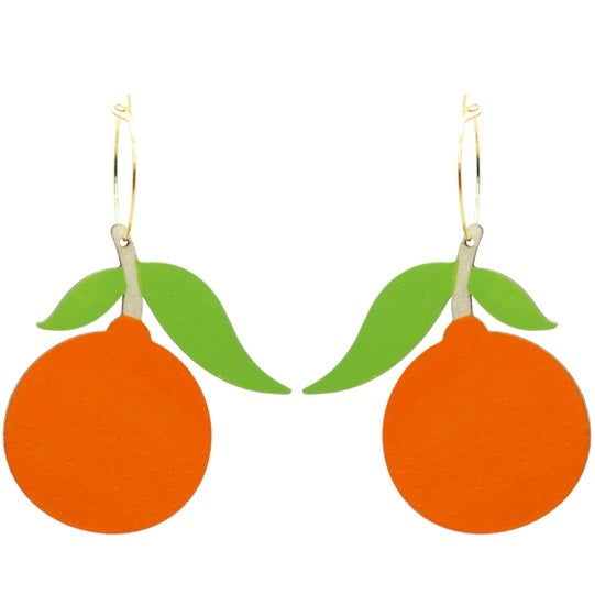 wood tangerine earrings on gold hoops