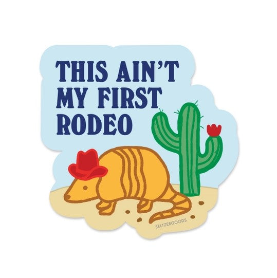 Sticker with armadillo wearing a cowboy hat next to a cactus